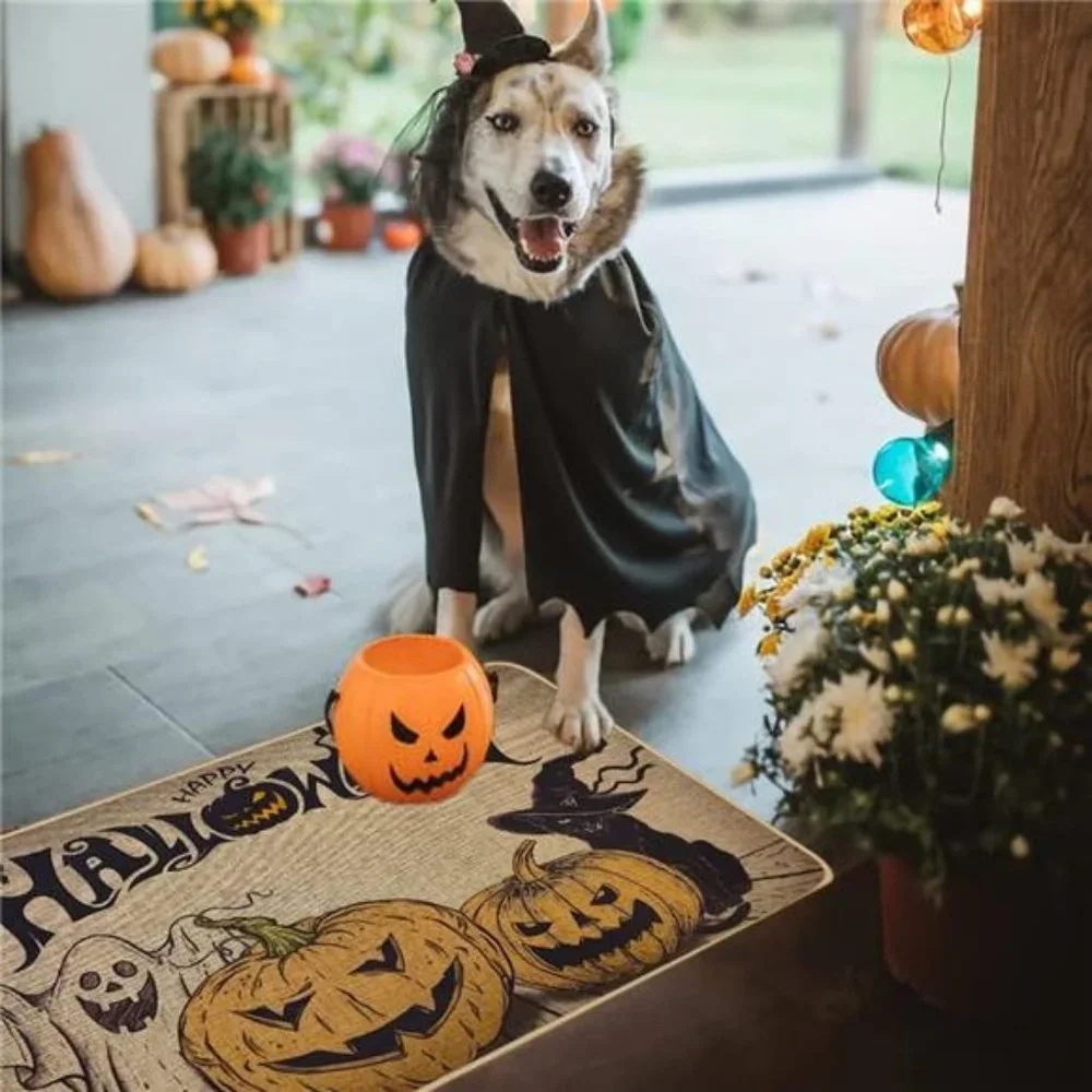 Set of 2; Halloween Decorative Kitchen Mats - Cute Pumpkin Ghost Cat Decor Rug